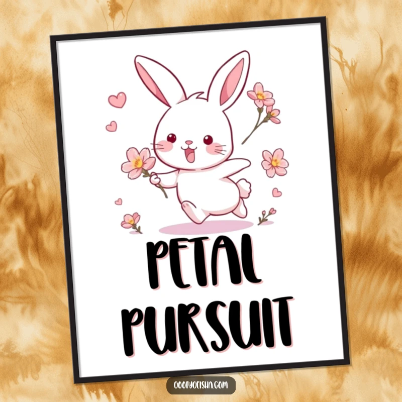 Funny digital art print of a rabbit's spirited chase after a blossom, offering instant whimsical wall art.