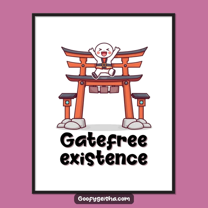 Funny Torii Gate Leap Digital Art: Joyful Character's Energy, Instant Funny Gift
