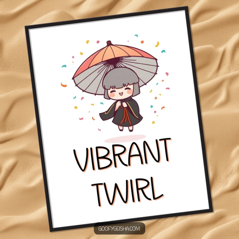 Funny digital art print of a stylized Japanese umbrella character spinning rapidly, showering the viewer with colorful confetti.