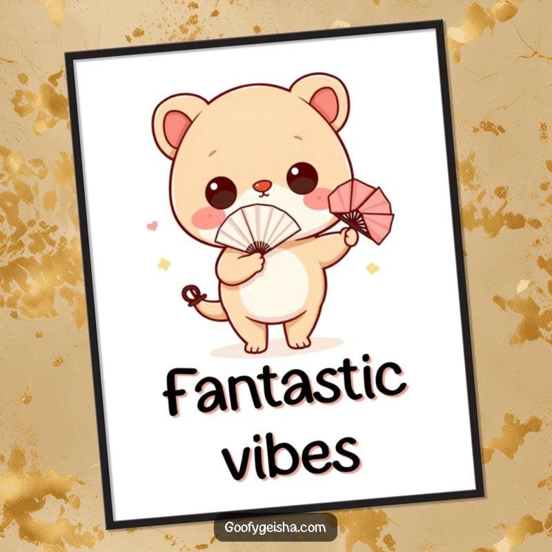 Funny digital art print of a cute character with a tiny paper fan, hilariously wiggling its hips, adding humor to any room.