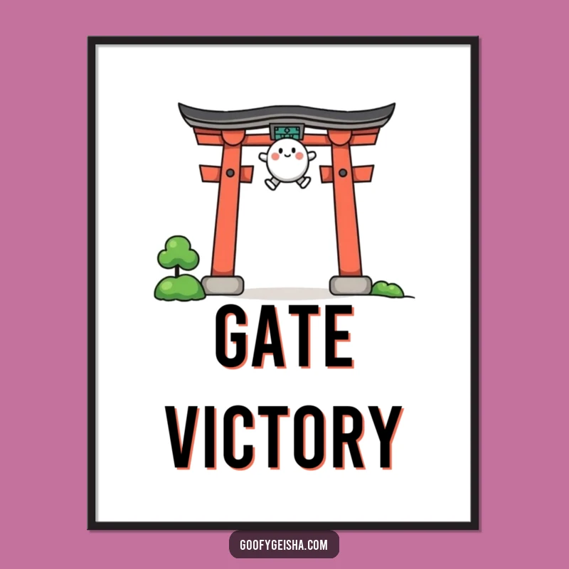 Funny Jumping Character Digital Art Print Torii Gate Decor