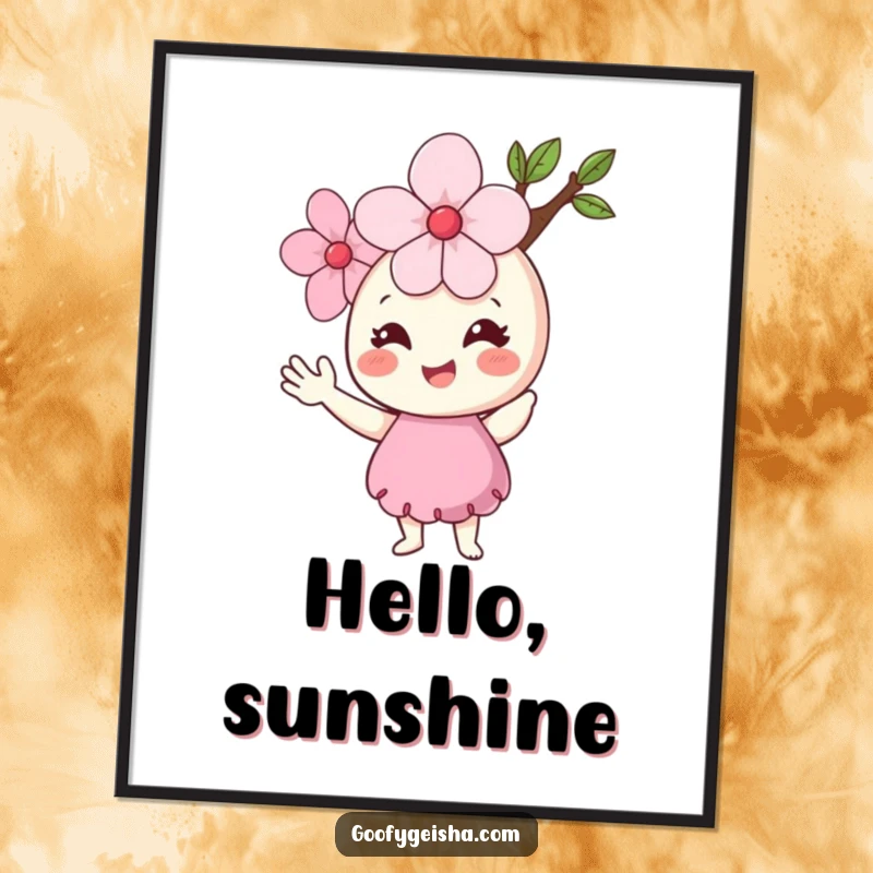 Funny Cherry Blossom Digital Art Print of a happy flower character waving hello, bringing instant cheer and floral beauty.