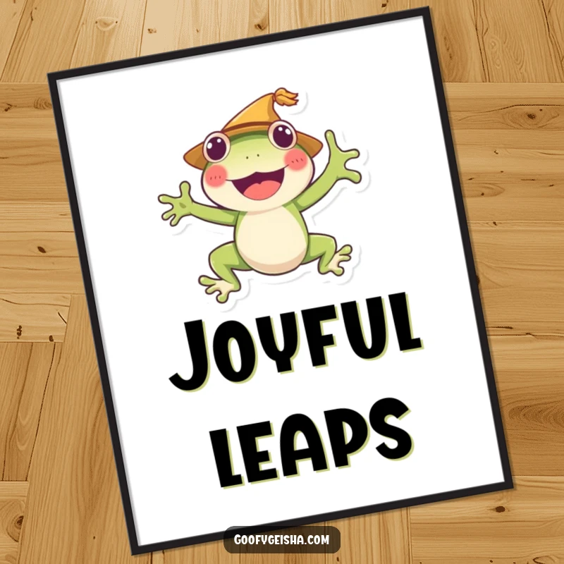 Funny frog digital art print of a cheerful character jumping, capturing pure exhilaration and fun. A vibrant digital decoration.