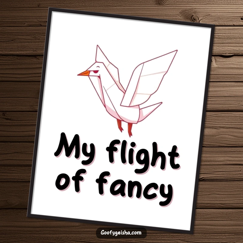 Funny digital art print of a cute origami crane character joyfully flapping its wings, bringing serene and uplifting vibes to any digital display.