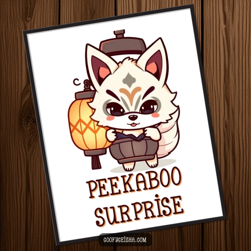 Funny Kitsune mask digital art print of a cute character playfully peeking, perfect for adding instant mystery and humor.