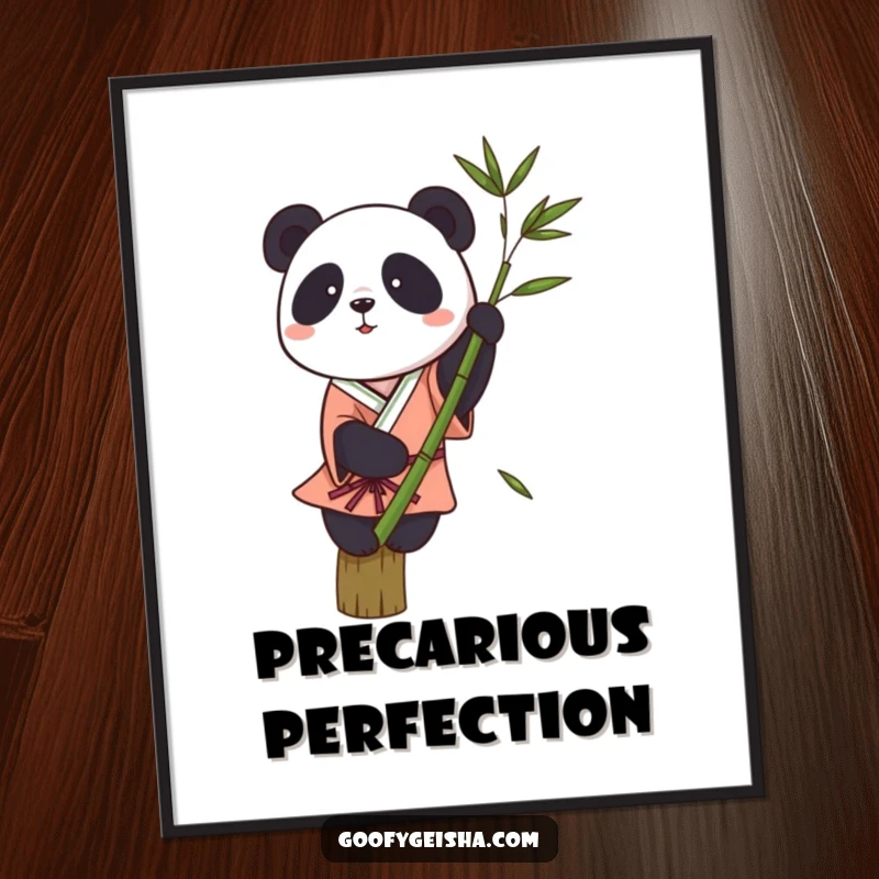 Funny digital art print of a small panda in a kimono attempting to balance on a single bamboo stalk, humorous wall art.