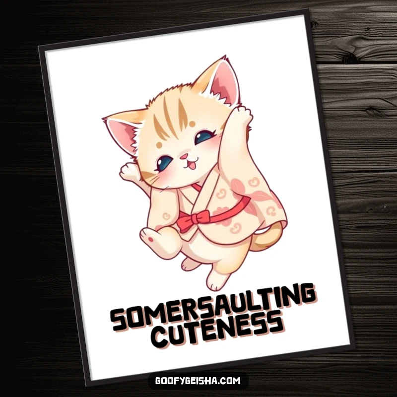 Funny kitten digital art print of a kitten in a kimono doing a somersault, adding instant adorable charm.