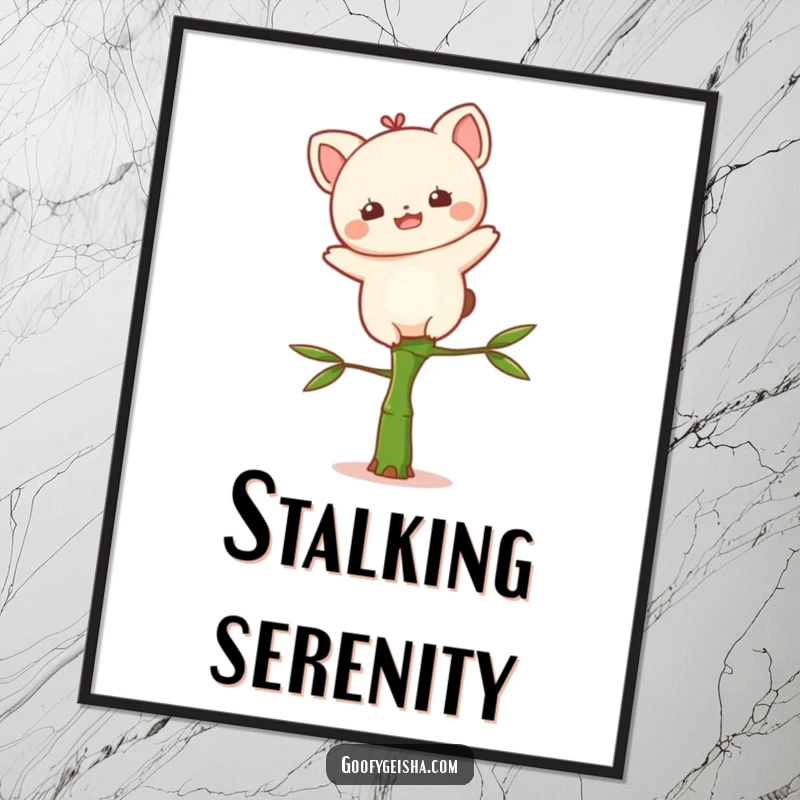 Funny Kawaii digital art print of a delighted character precariously balancing on a small bamboo stalk, ideal for whimsical wall art.