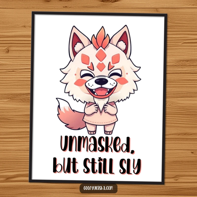 Funny digital art print of a character fearlessly and playfully mimicking a Kitsune mask, ready to be printed and displayed.