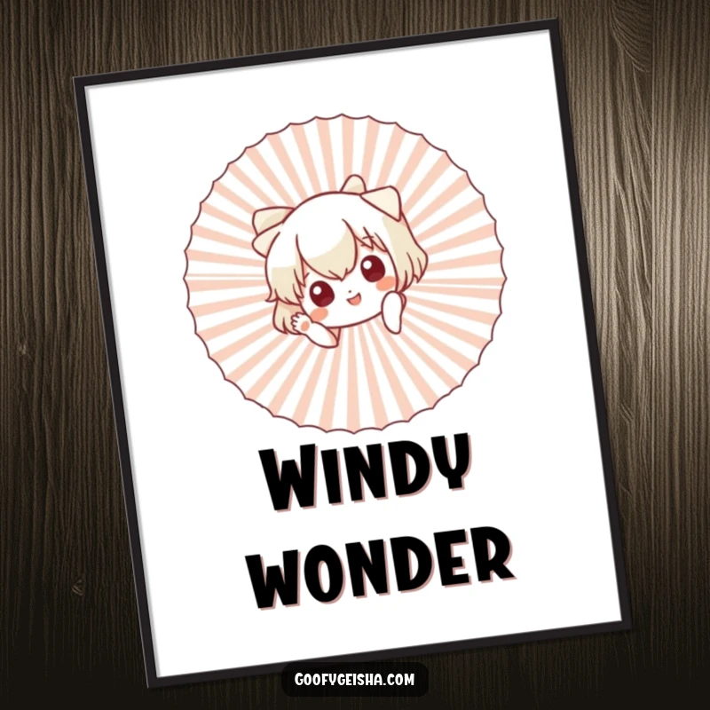 Funny digital art print of a cute character peeking from behind a large fan, waving a cheerful greeting.