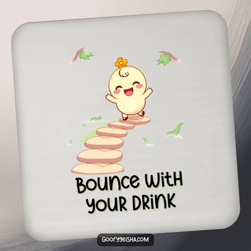 Funny coasters featuring a giggling lucky charm character bouncing along a path, protecting furniture while adding a cheerful and joyful artistic touch.
