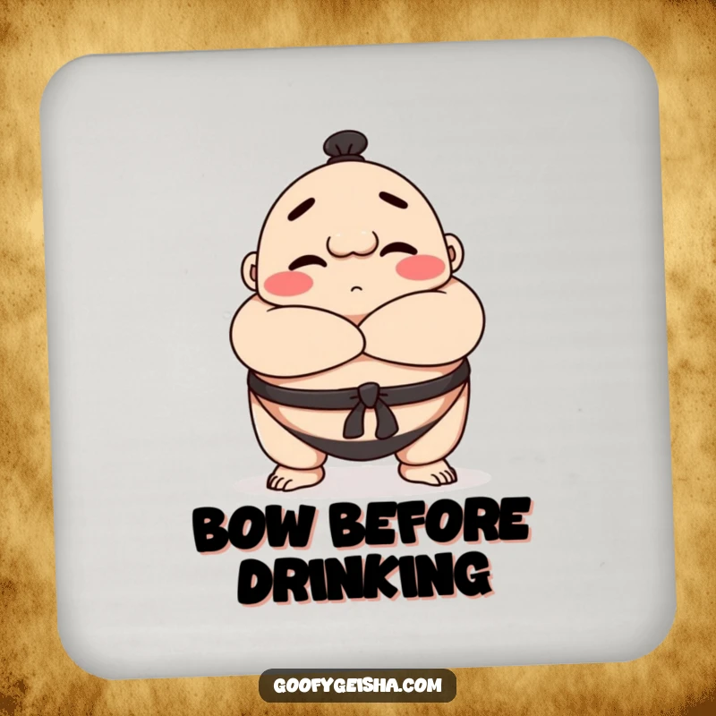 Funny Sumo wrestler coaster featuring a happy bowing character with crossed arms, offering stylish and protective table decor.