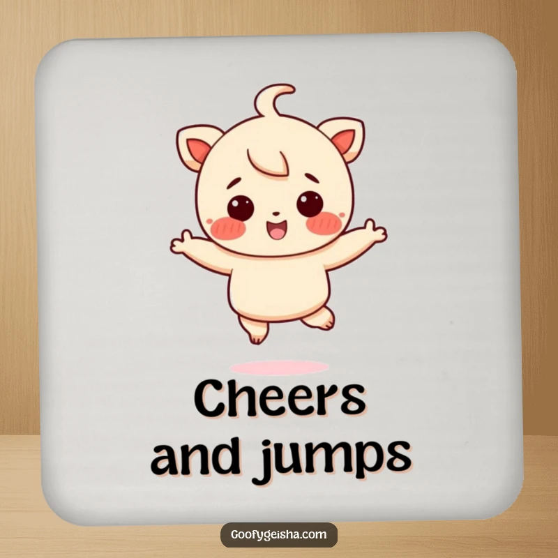 Funny drink coasters with a rosy-cheeked character joyfully jumping, symbolizing happiness and protecting furniture with humor.