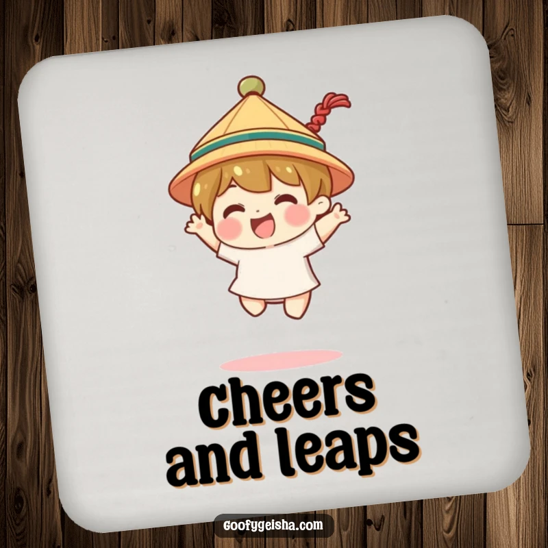Funny drink coaster featuring a character wearing a tiny traditional hat, doing a joyful jump. Stylish and cheerful.