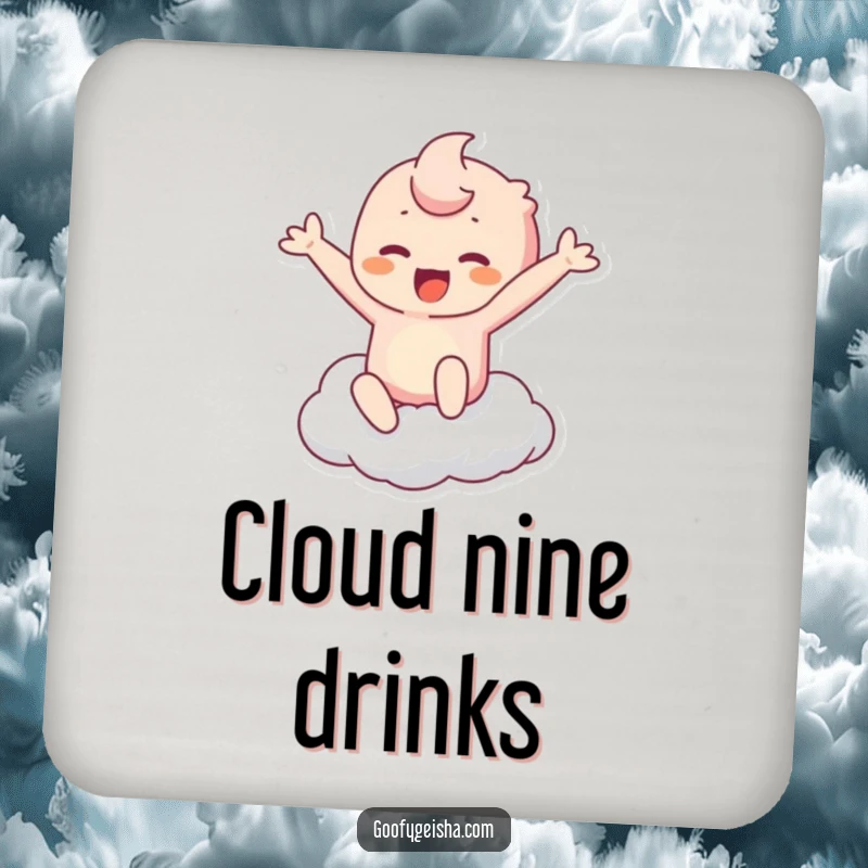 Funny Kawaii Coasters: Character leaping to touch a cloud, protecting surfaces with humor. Perfect funny gift.
