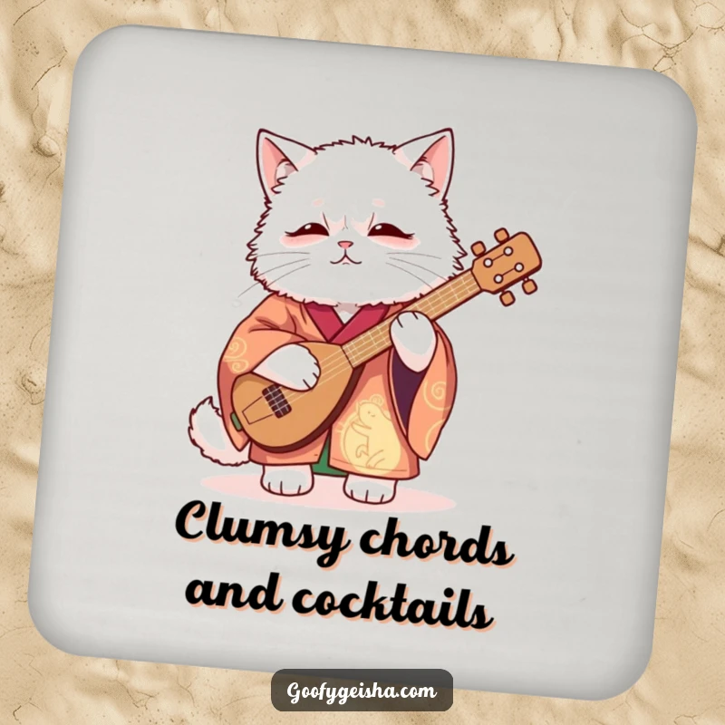 Funny Drink Coaster with a fluffy white cat in a vibrant kimono awkwardly playing a shamisen, adding a touch of humorous art.