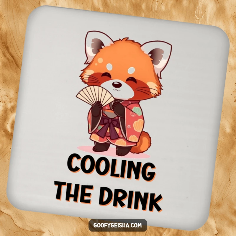 Funny red panda in a kimono, fanning itself with a distinguished air, featured on a protective and humorous drink coaster.