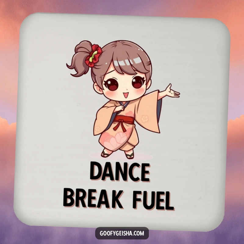 Funny coaster featuring a character in a whimsical kimono doing a comically goofy and exaggerated dance move.