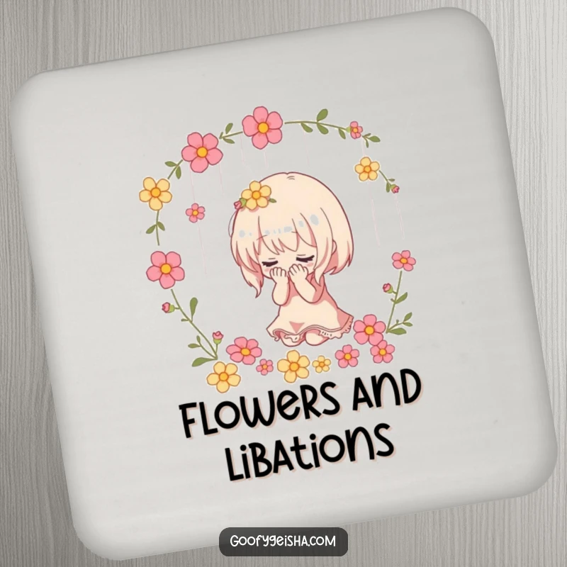 Funny drink coaster showing a small character dramatically bowing with a shower of flowers, adding a touch of humorous elegance.