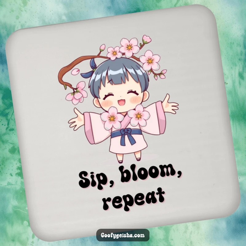 Funny drink coaster featuring a character embracing a cherry blossom, adding a touch of nature and humor to any surface.