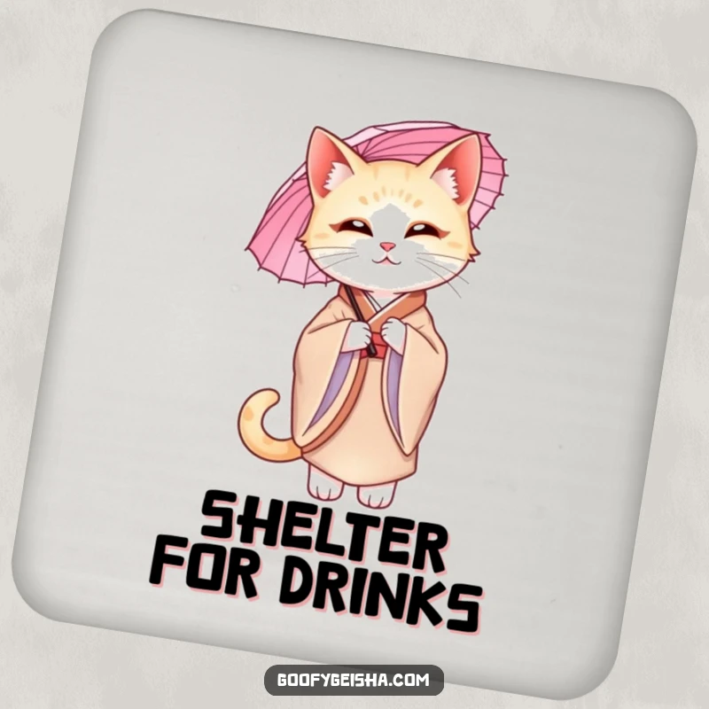 Funny graceful cat in a silk kimono, holding a parasol with poise, featured on a protective and elegant drink coaster.