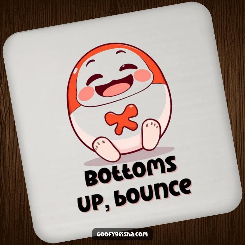 Funny Daruma Doll Coasters featuring a smiling character cheerfully rolling upright, bringing luck and resilience to any table.