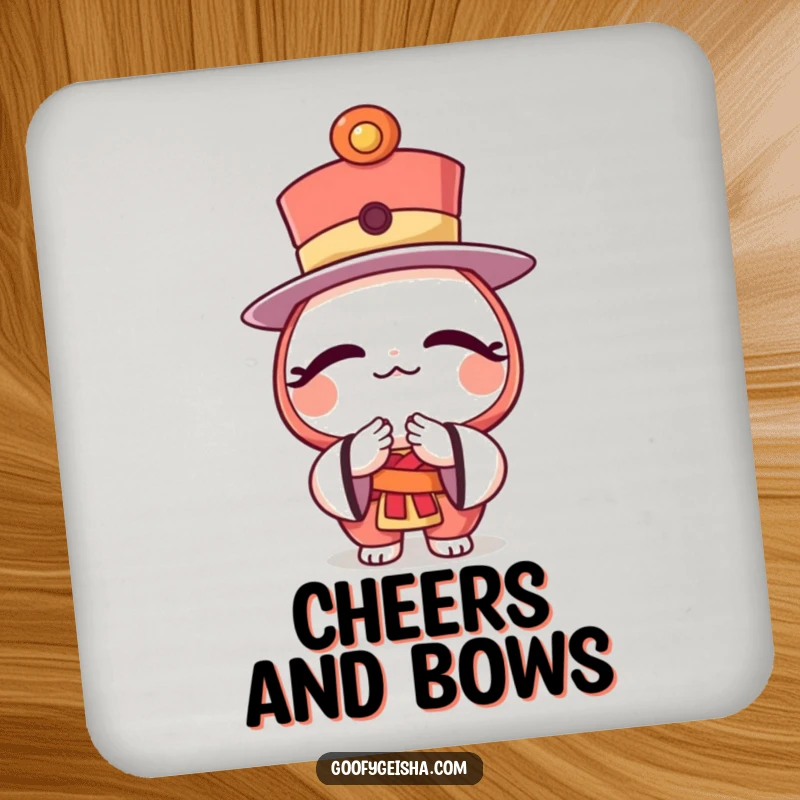 Funny drink coaster featuring a character wearing a daruma doll top hat, bowing respectfully.