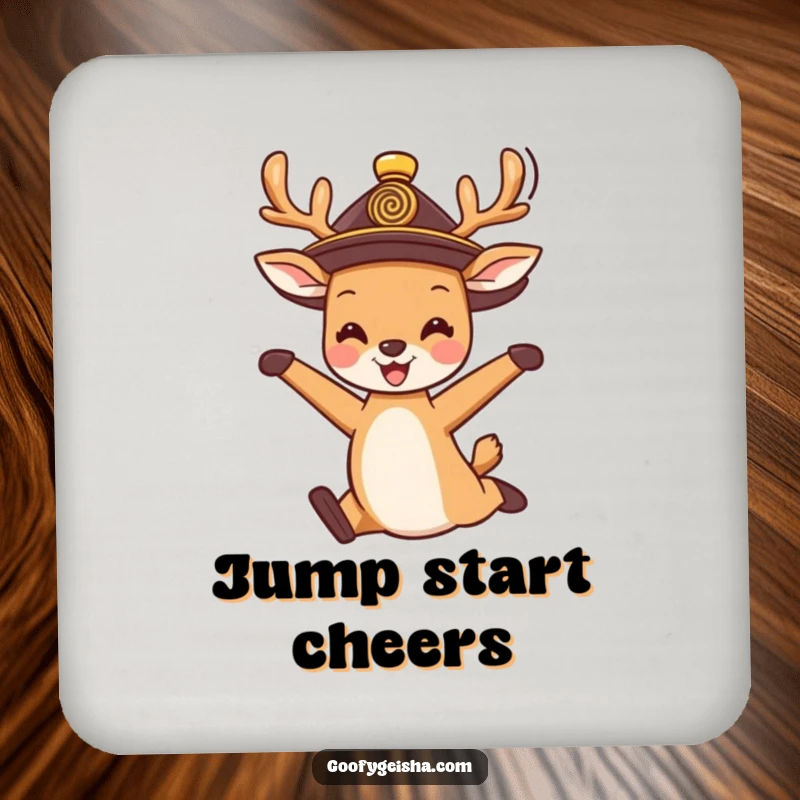 Funny Coaster: A cute deer in a traditional hat, joyfully jumping, bringing happy charm and spirited humor to any drink setting.