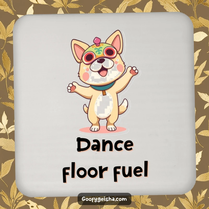 Funny drink coasters featuring a dog in a festival mask, dancing, perfect for protecting surfaces with artistic flair.