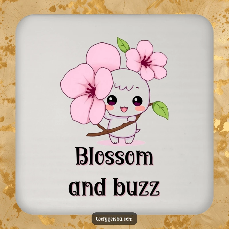 Funny Kawaii drink coaster showing a mischievous character tapping a giant cherry blossom petal, adding a decorative and humorous touch.