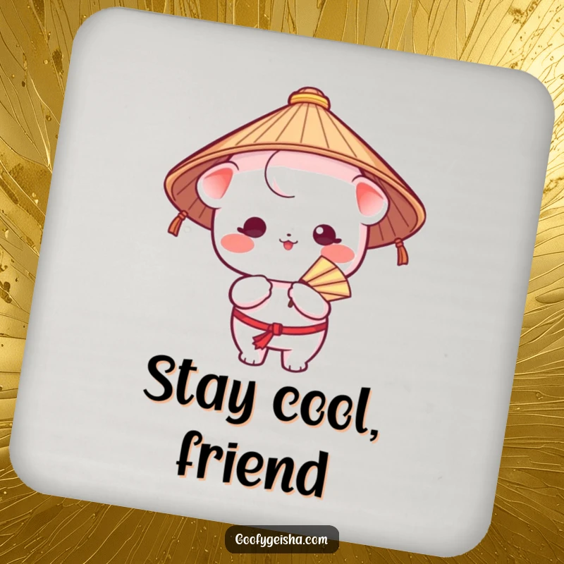 Funny drink coaster showcasing a Kawaii character in a Japanese hat, humorously fanning itself, protecting surfaces with a playful attitude.