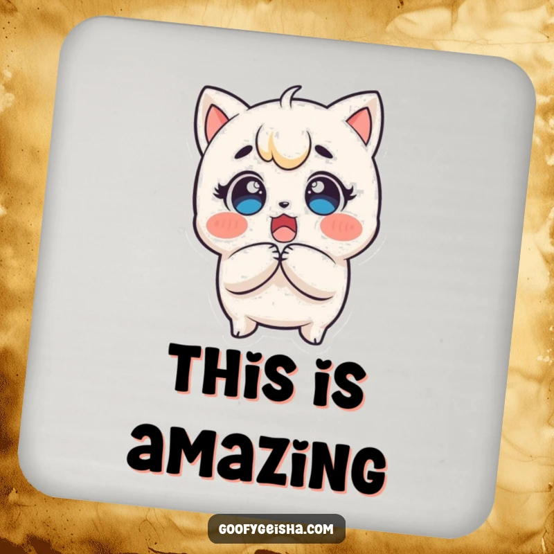 Funny Kawaii Coaster: Surprised character clutching head, eyes wide with delight, perfect for drinks and adding a touch of funny surprise.