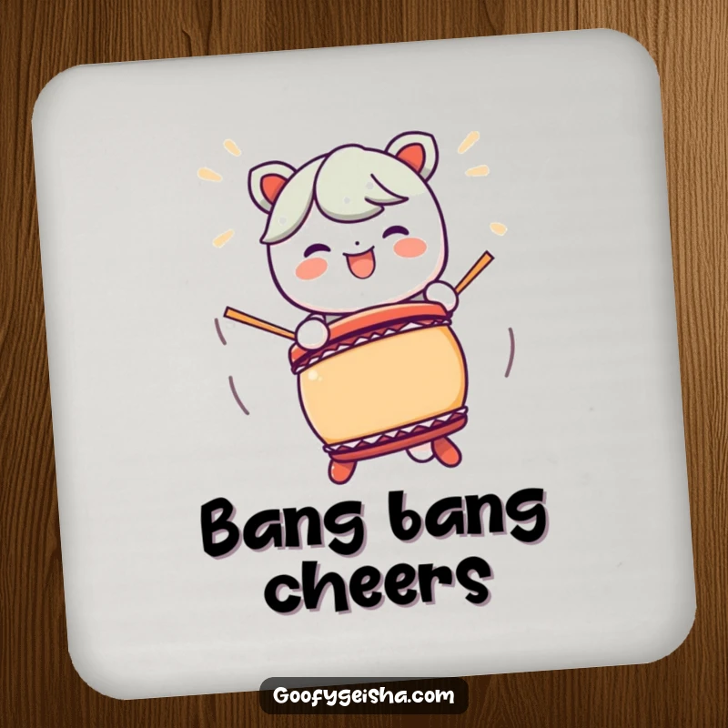 Funny Kawaii character Taiko drum drink coaster, showcasing energetic drumming for a fun and musical touch.