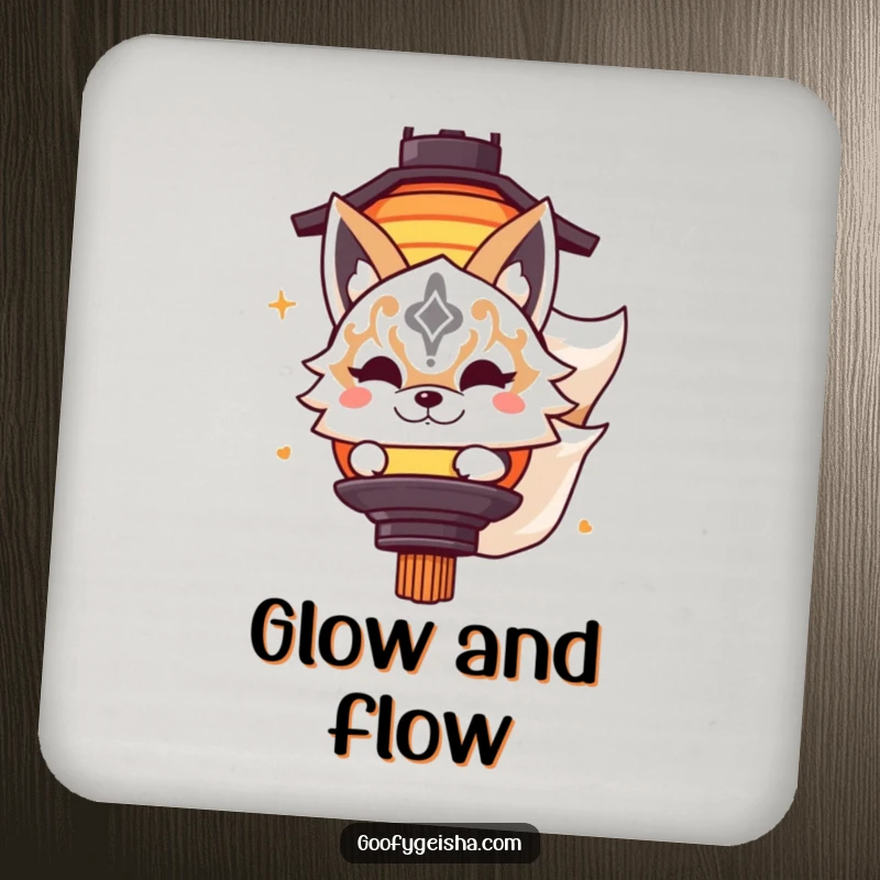 Funny drink coaster showcasing a cute Kitsune masked character playfully peeking from behind a lantern, adding playful charm and protecting surfaces.