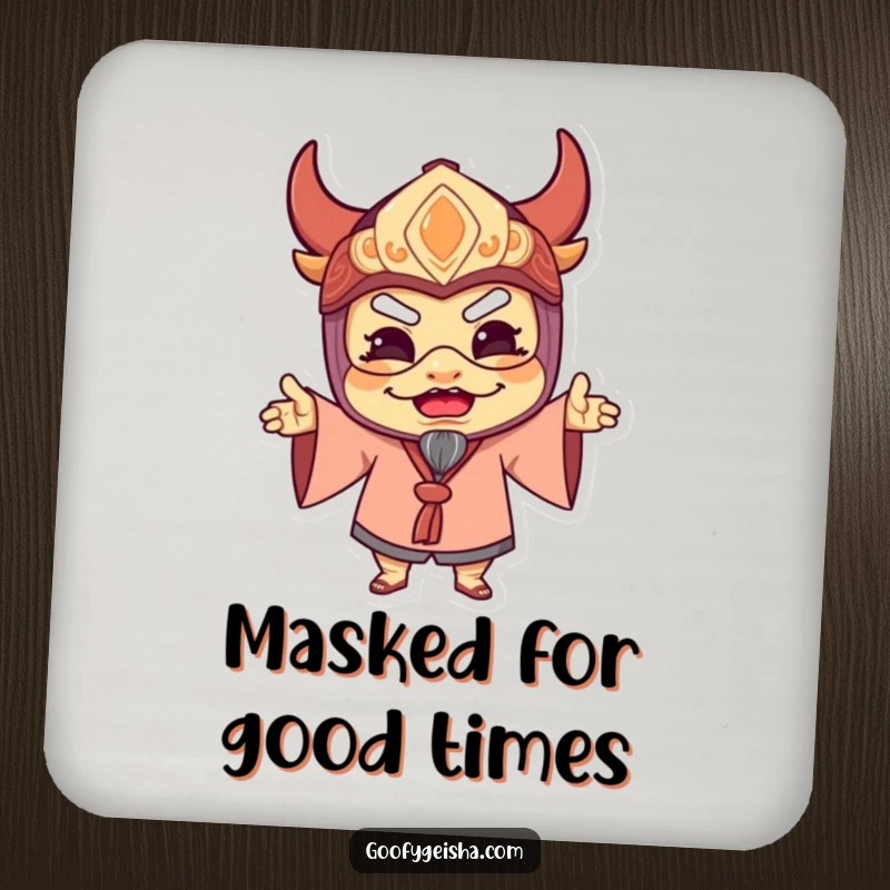 Funny coasters showing a character in a traditional mask striking a comically delighted pose, adding playful charm and surface protection.