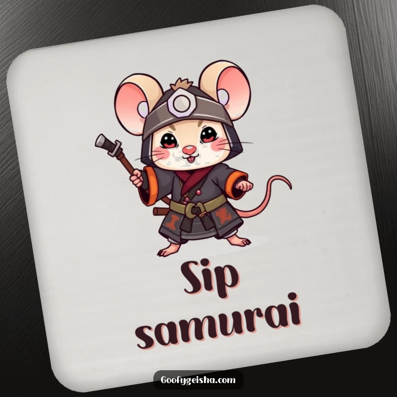 Funny Coaster: A little mouse samurai in a playful pose, bringing heroic charm and witty humor to any drink setting.