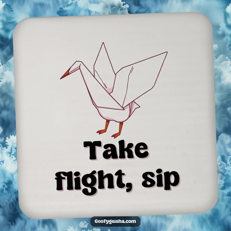 Funny drink coaster with a whimsical origami crane playfully flapping its wings, bringing artistic charm to your table.