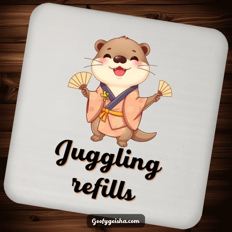 Funny cheerful otter in a kimono, juggling fans with flair, featured on a protective and fun drink coaster.