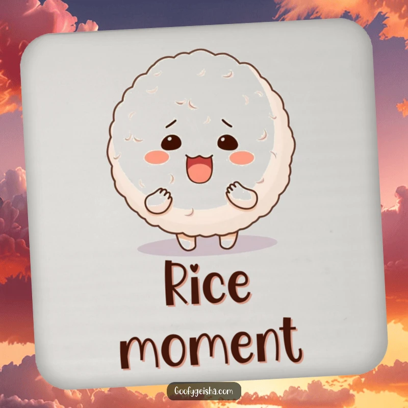 Funny drink coaster featuring a character with a silly expression holding a large, wobbly bouncy rice ball.