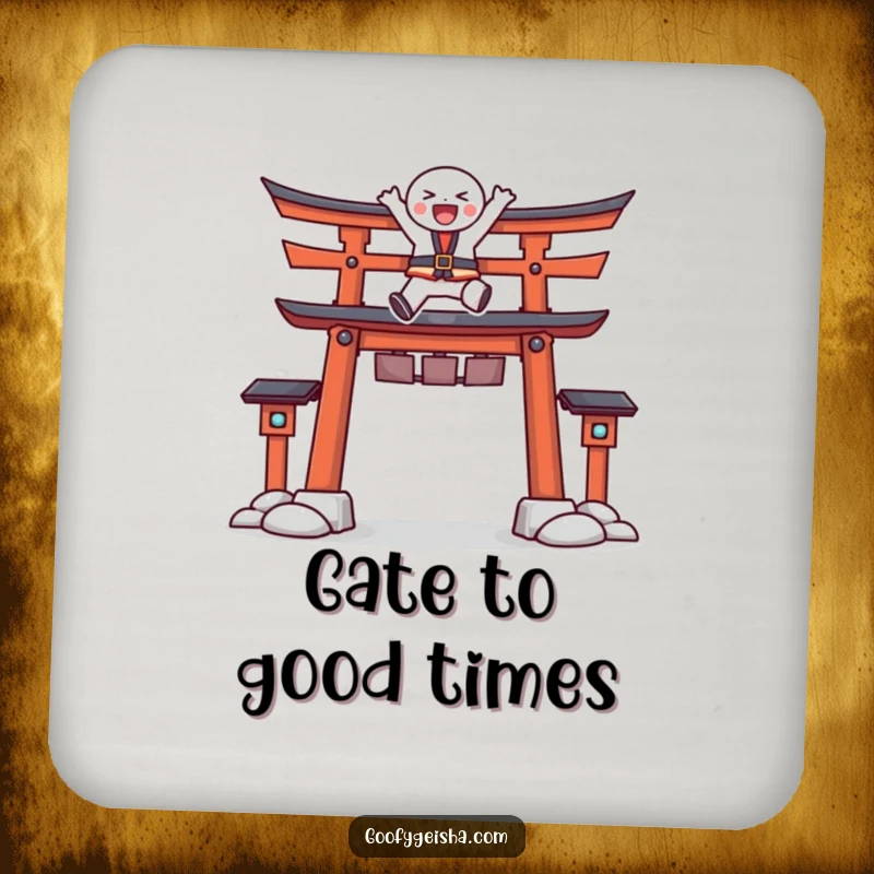 Funny drink coaster showing a character joyfully leaping energetically over a stylized Torii gate, adding a humorous touch to surfaces.