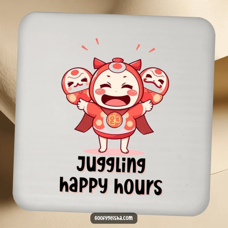 Funny Kawaii Coasters: Character bewilderedly juggling daruma dolls, protecting surfaces with humor. Perfect funny gift.