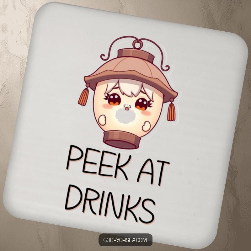 Funny drink coasters with a character with wide, curious eyes peeking around a large lantern, bringing mystery and humor to table protection.