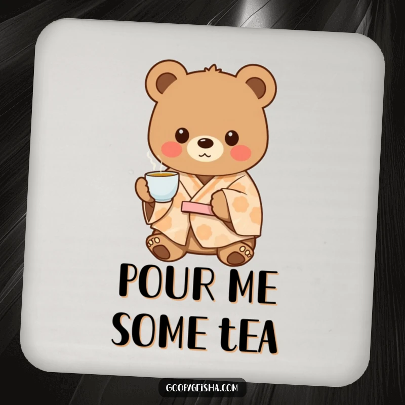 Funny charming bear in a patterned kimono, offering tea with a friendly gesture, featured on a protective and cozy drink coaster.