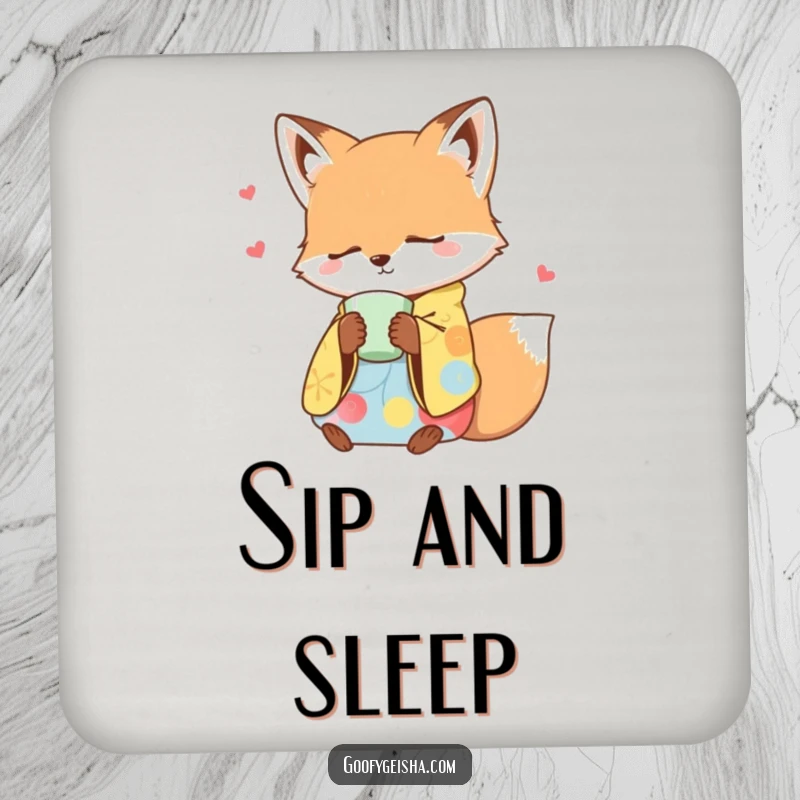 Funny drink coaster featuring a sleepy fox in a colorful kimono dozing off with a teacup, designed for tea lovers.
