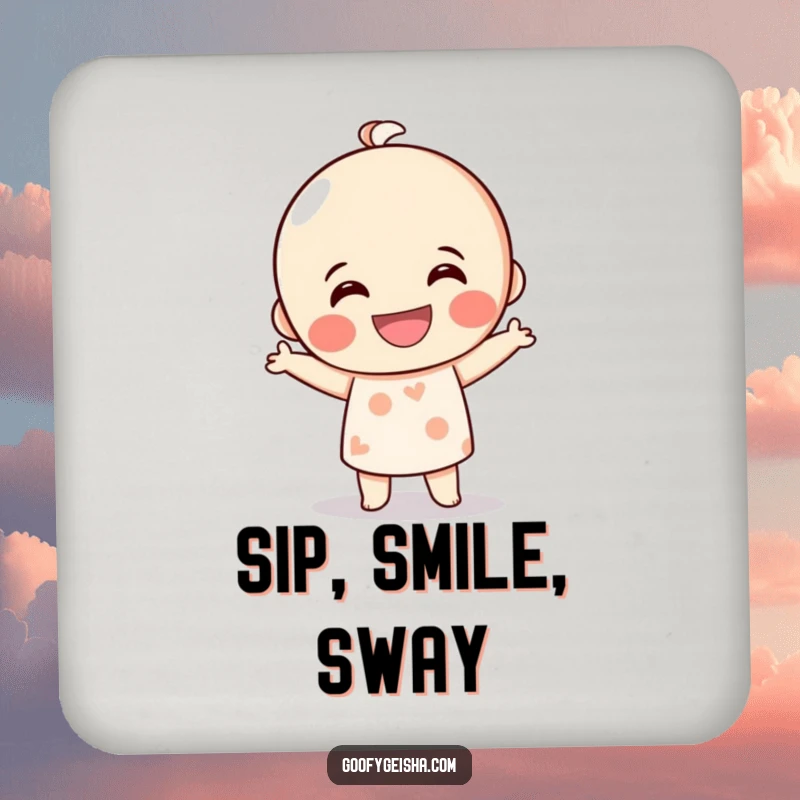 Funny Kokeshi doll coasters featuring a grinning character doing a silly dance, protecting surfaces with humorous and artistic charm.