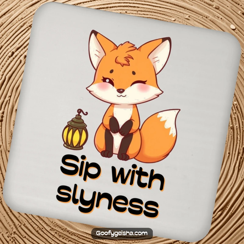 Funny fox coasters depicting a mischievous fox holding a lantern, adding intrigue to drinks.