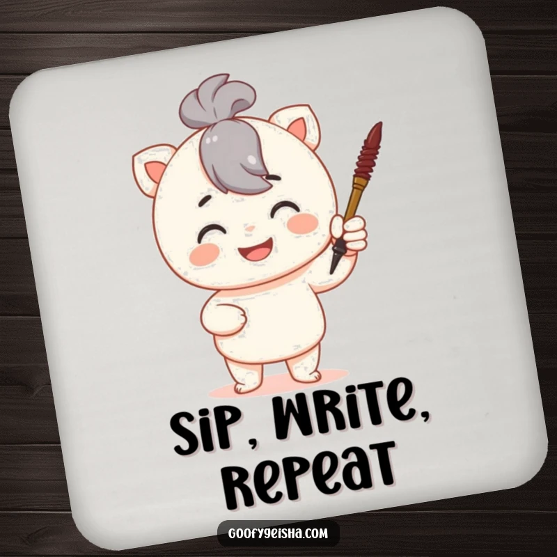 Funny drink coaster featuring a proud character holding a tiny calligraphy brush, adding artistic flair and humor to drink protection.