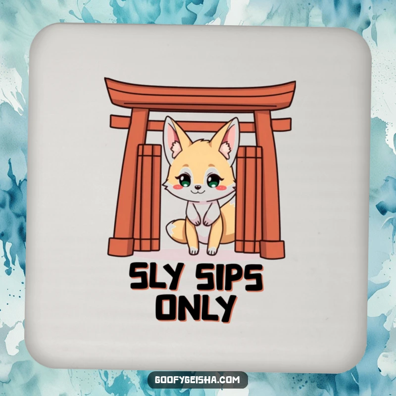 Funny Kitsune Fox Coasters: Set featuring a mischievous Kitsune peeking with a grin from behind a Torii gate, protecting surfaces.