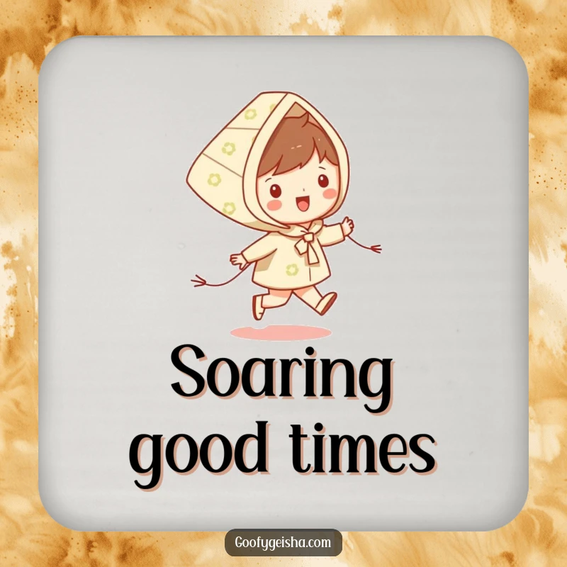 Funny drink coaster with a happy character skipping with a patterned kite, adding playful humor to drink protection.