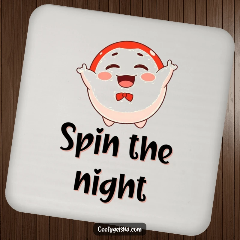 Funny drink coaster showcasing a floating Daruma doll character joyfully spinning, adding playful charm and protecting surfaces.